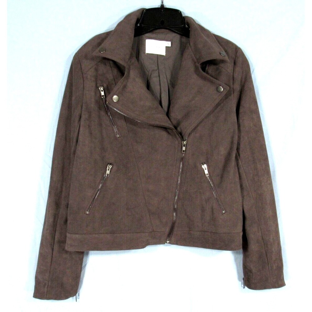 LUSH Women's GRAYISH BROWN Microfiber POCKETS Zip-UP FASHION RACER Moto Jacket S